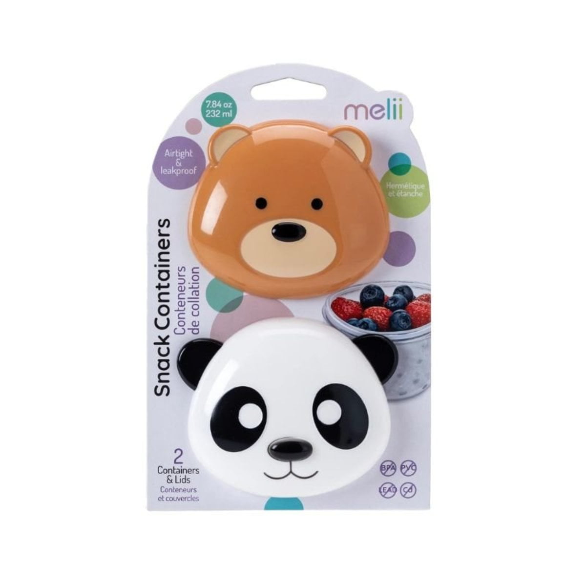 Melii Animal Snack Containers 3-Pack - Lion, Panda & French Bulldog Designs With Lids